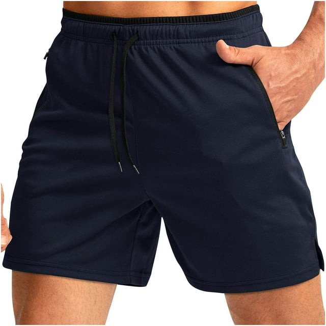 Plebaso Men's Gym Workout Shorts with Zipper Pockets Casual Drawstring Breathable Beach Shorts for Men