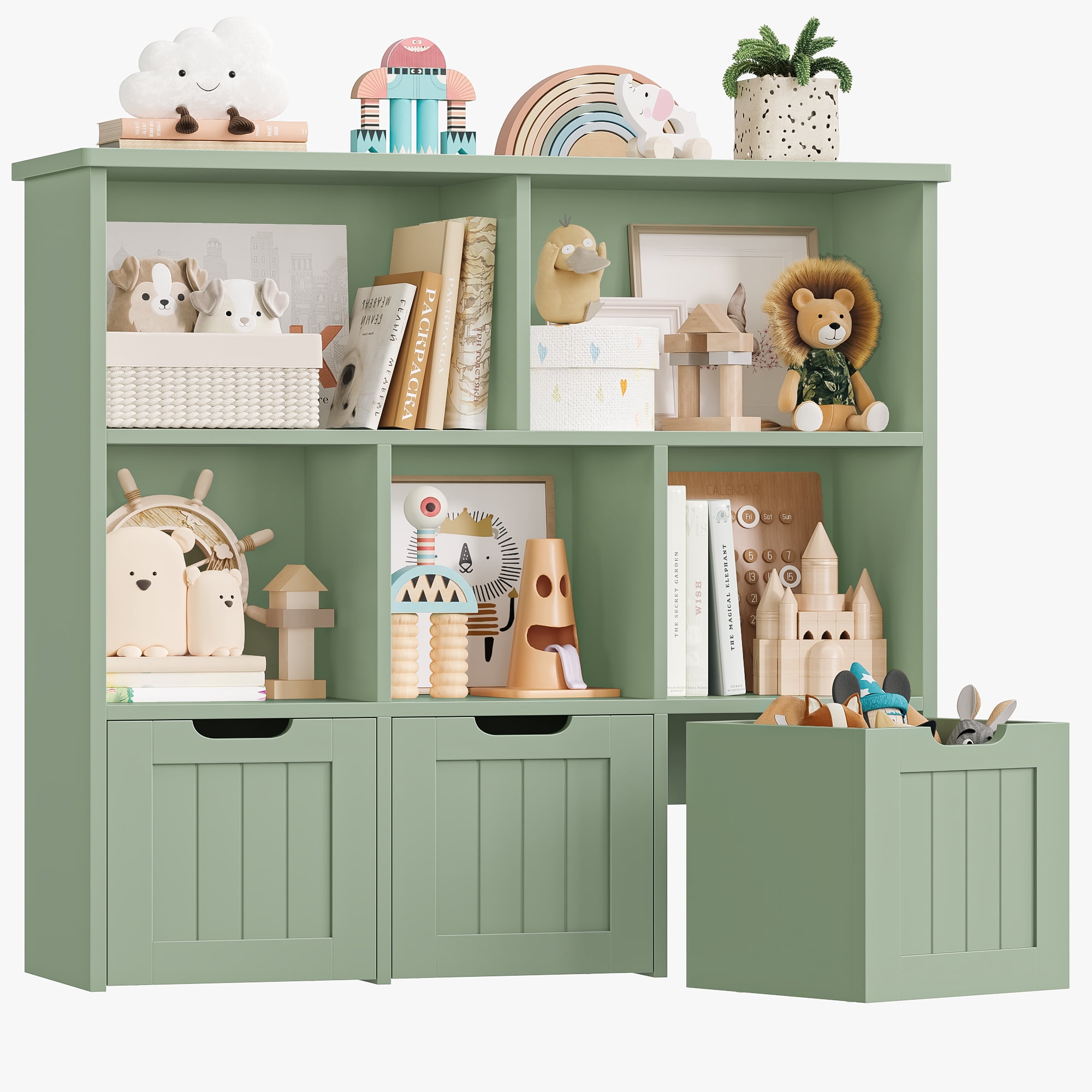 Homfa Toy Storage Organizer with 3 Movable Drawers, 5 Cube Kids Bookcase for Playroom, Storage Cabinet for Living Room, Green Finish