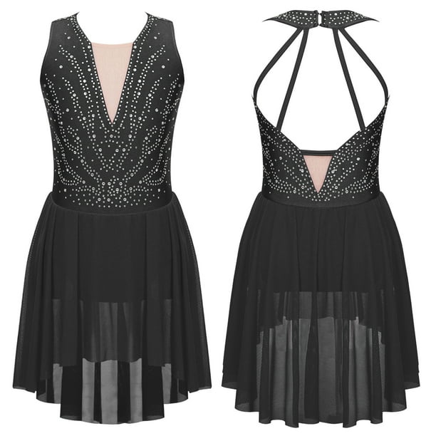 iEFiEL Kids Girls Rhinestone Figure Skating Dress Ballroom Dance Competition Costume Ballet Tulle Skirt Leotard Black 8