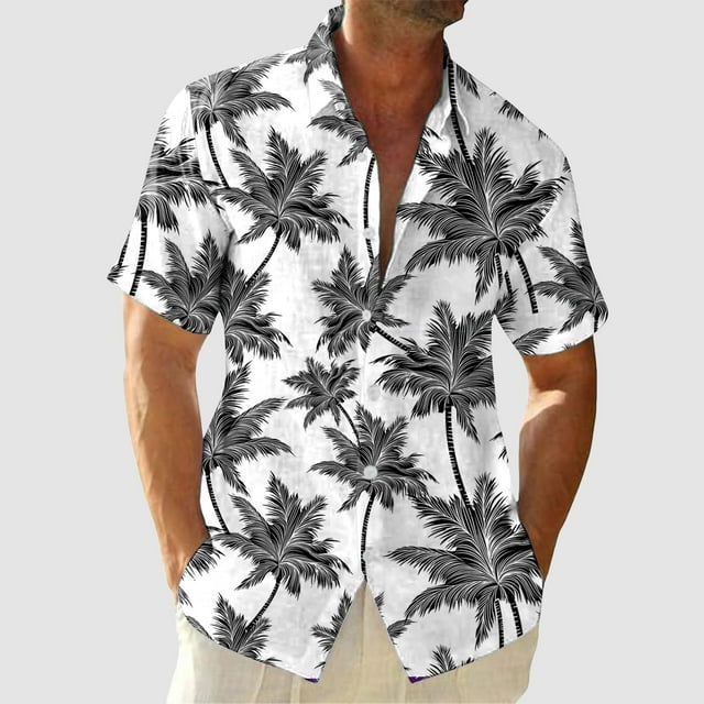 toraway Mens Shirts Long Sleeve down Men Short Sleeved Fashionable Color Gradient Printed Coconut Tree Pattern Men Seaside Beach Shirt XXXL