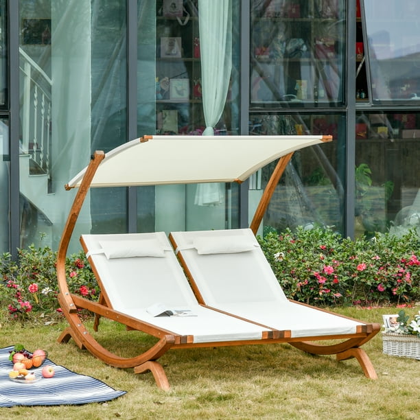Outsunny Wooden Outdoor Double Chaise Lounge Patio Loveseat