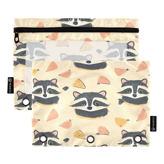 2 Pack 3 Ring Binder Pouch with Clear PVC Window Water Resistant Zipper Pencil Pouch Cute Raccoon Brown Binder Pocket for Classroom Office Home Stationery Organization