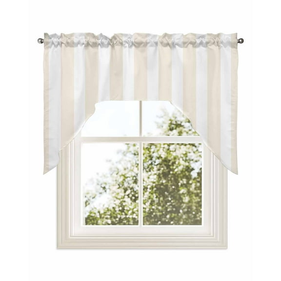 Cream Striped Kitchen Curtains Swag Valance for Windows/Bathroom/Cafe, Modern Farmhouse Cream White Stripes Rod Pocket Drape Panel Swag Curtains Valance for Bedroom/Living Room 56"x36"