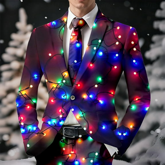 FAOWME Men's Christmas Suit Jacket Long Sleeved Lapel Buttons Xmas Printed Fashion Comfortable Coats Tops For Holiday Daily Wear Multicolour L