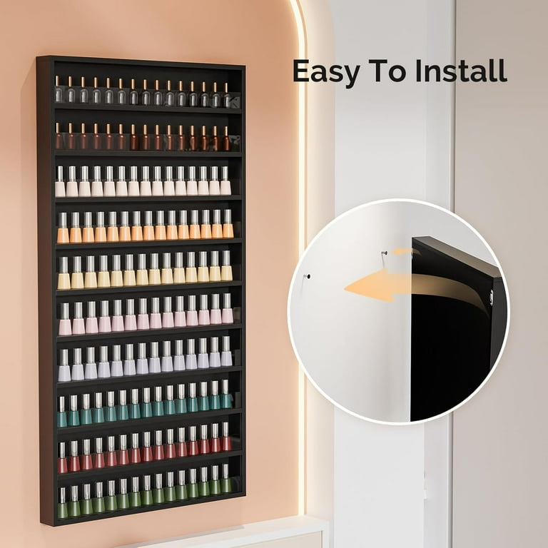 BHUIK 6/10-Tier Nail Polish Rack Wall Mounted, Wooden Nail Polish