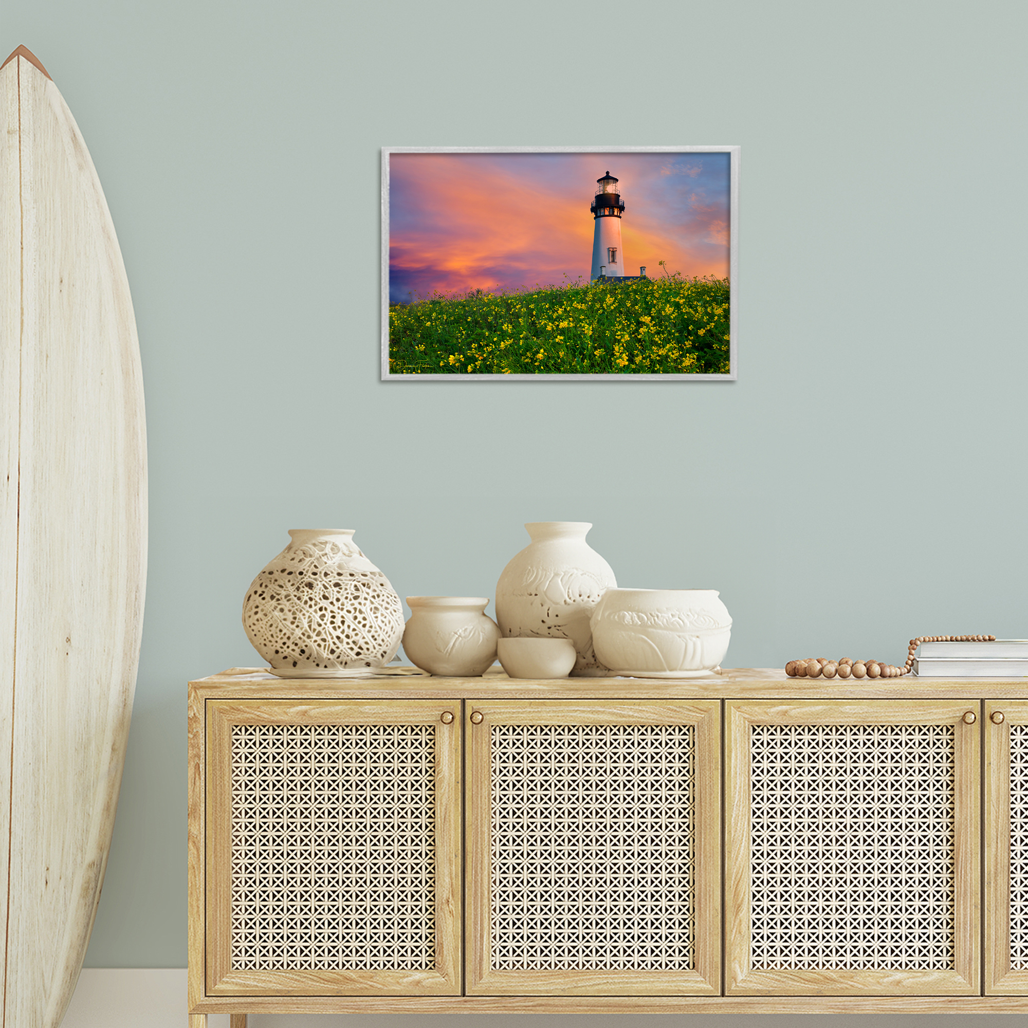Stupell Industries Lighthouse & Floral Meadow Coastal Photography Gray Framed Art Print Wall Art, 24 x 16