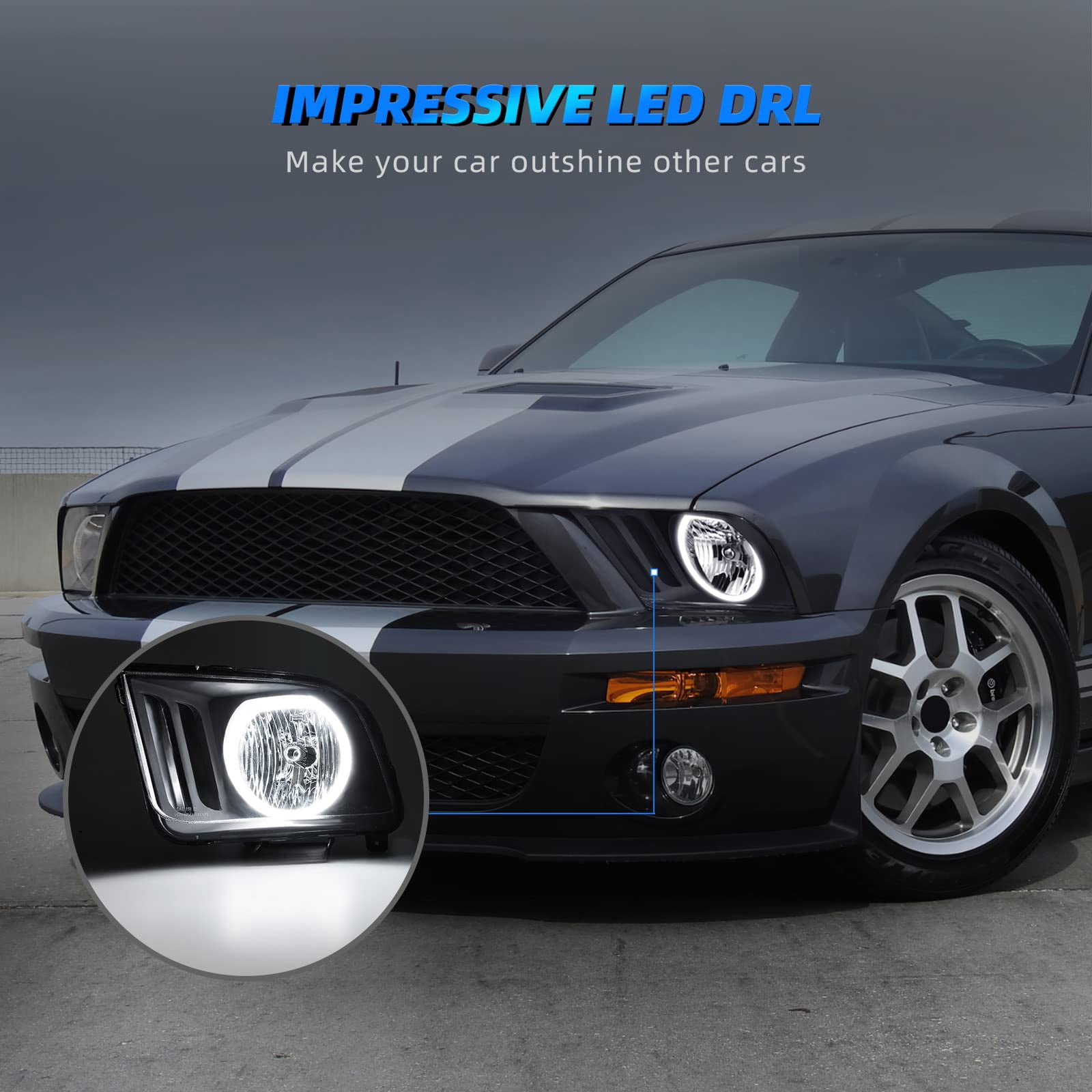 RVNI Headlights Assembly Fit For 05-09 Ford Mustang Clear /Black LED DRL Halo Pair