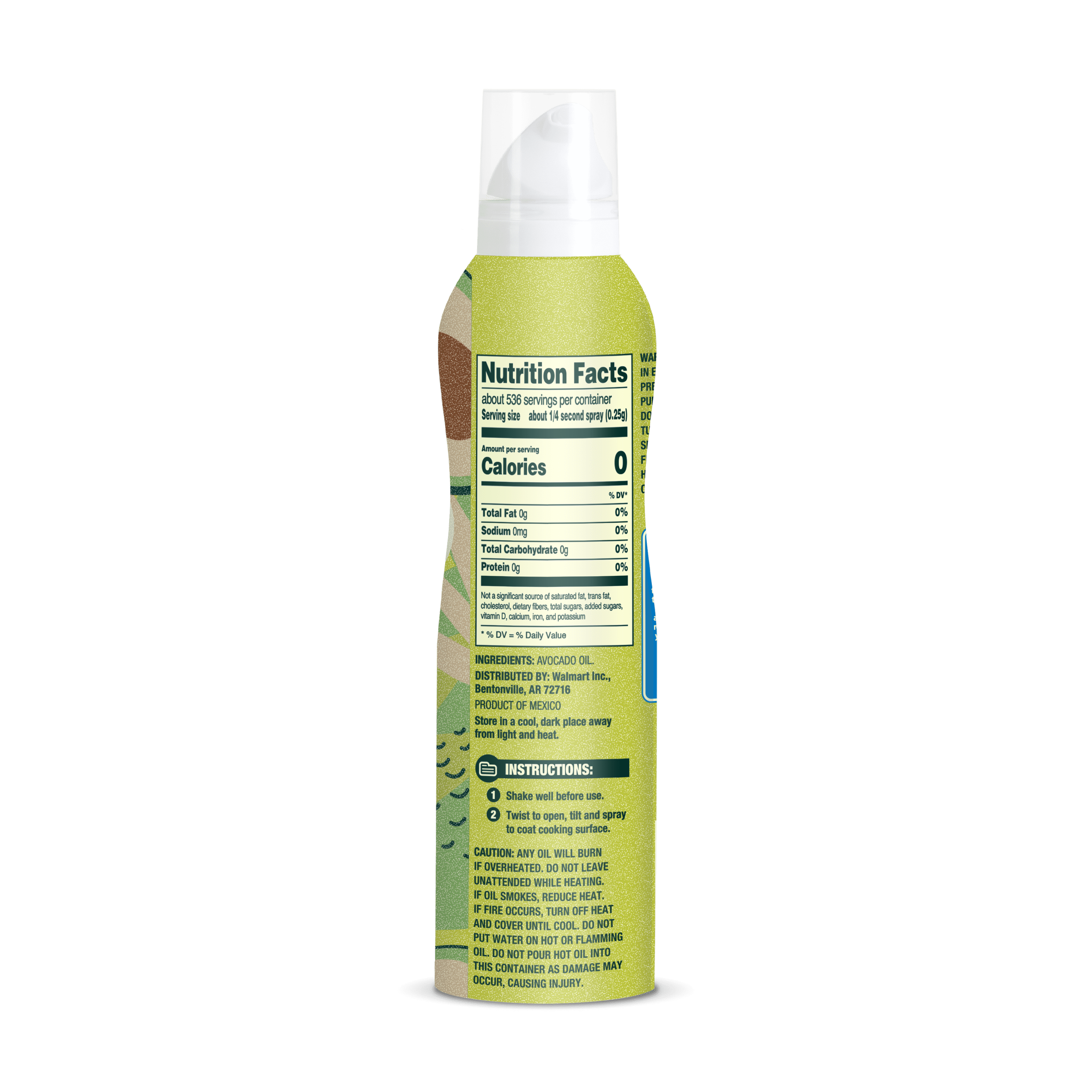 Great Value 100% Pure Avocado Oil Cooking Spray, 4.7 oz, Metal Bottle, Shelf Stable/ Ambient