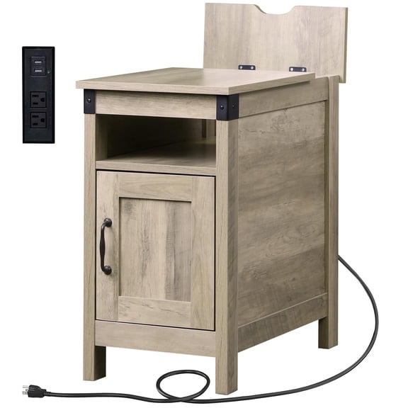 GALAXHERO Side Table with Charging Station Narrow End Table with Storage Night Stand with USB Ports and Outlets Small Wooden Cabinet for Living Room and Bedroom Greige