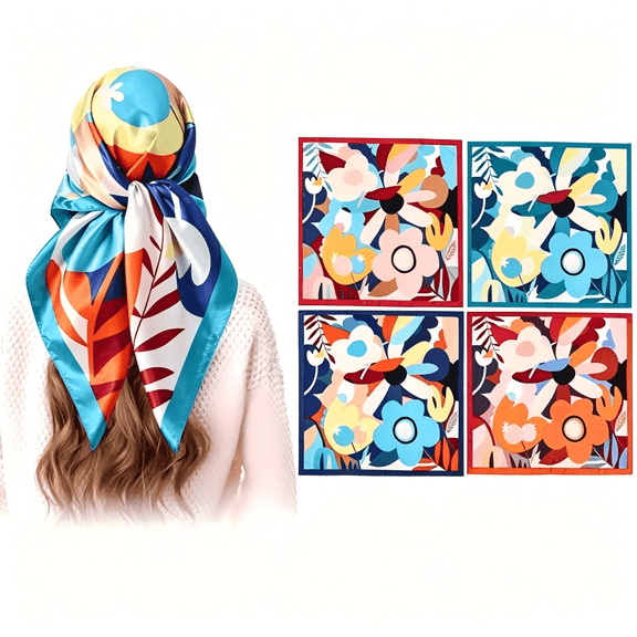 4 Pack Large Satin Square Head Scarf, 35" Floral Hair Bandana for Women Hair Wrapping & Handbag