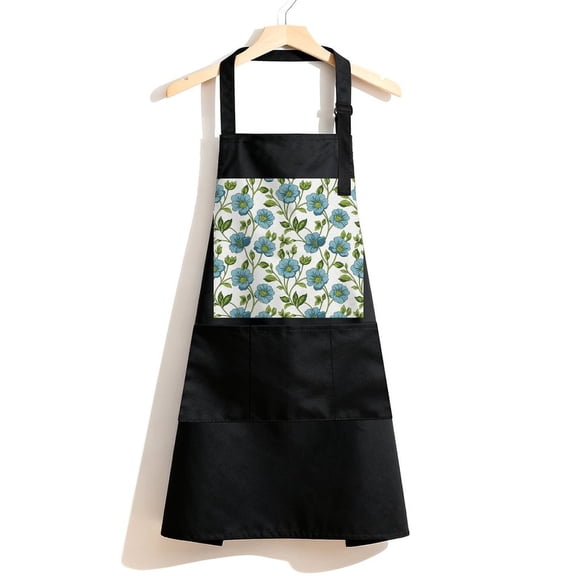RKSupls Waterproof Bib Apron with 3 Pockets, Blue Mughal Flower Chinoiserie Style Adjustable Neck Strap Soft 100% Polyester Water Resistant Apron for Kitchen Restaurant Home Use