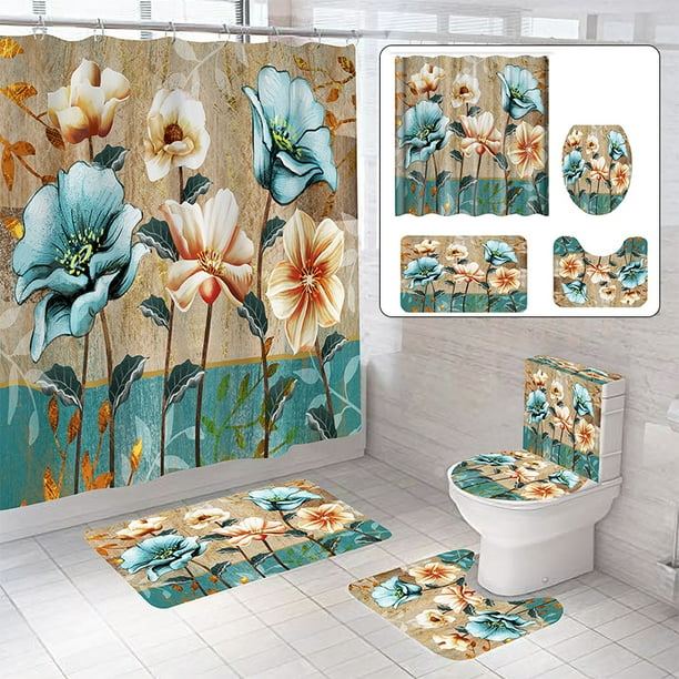 Floral Print Shower Curtain with Matching Rug Sets, Waterproof Shower