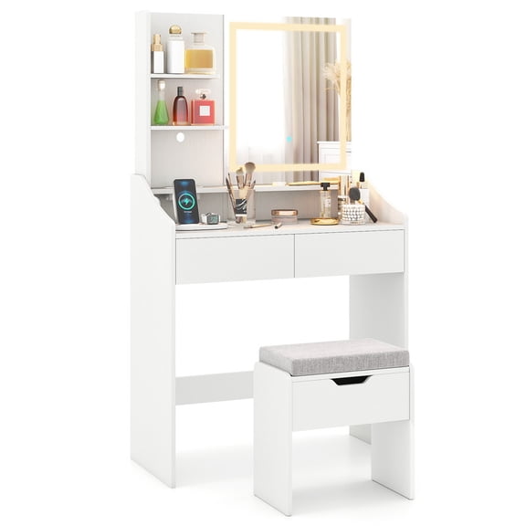 Modern Makeup Vanity Desk with LED Lighted Mirror & Charging Station, Vanity Desk Set with Storage Stool & Drawers, Dressing Table for Bedroom