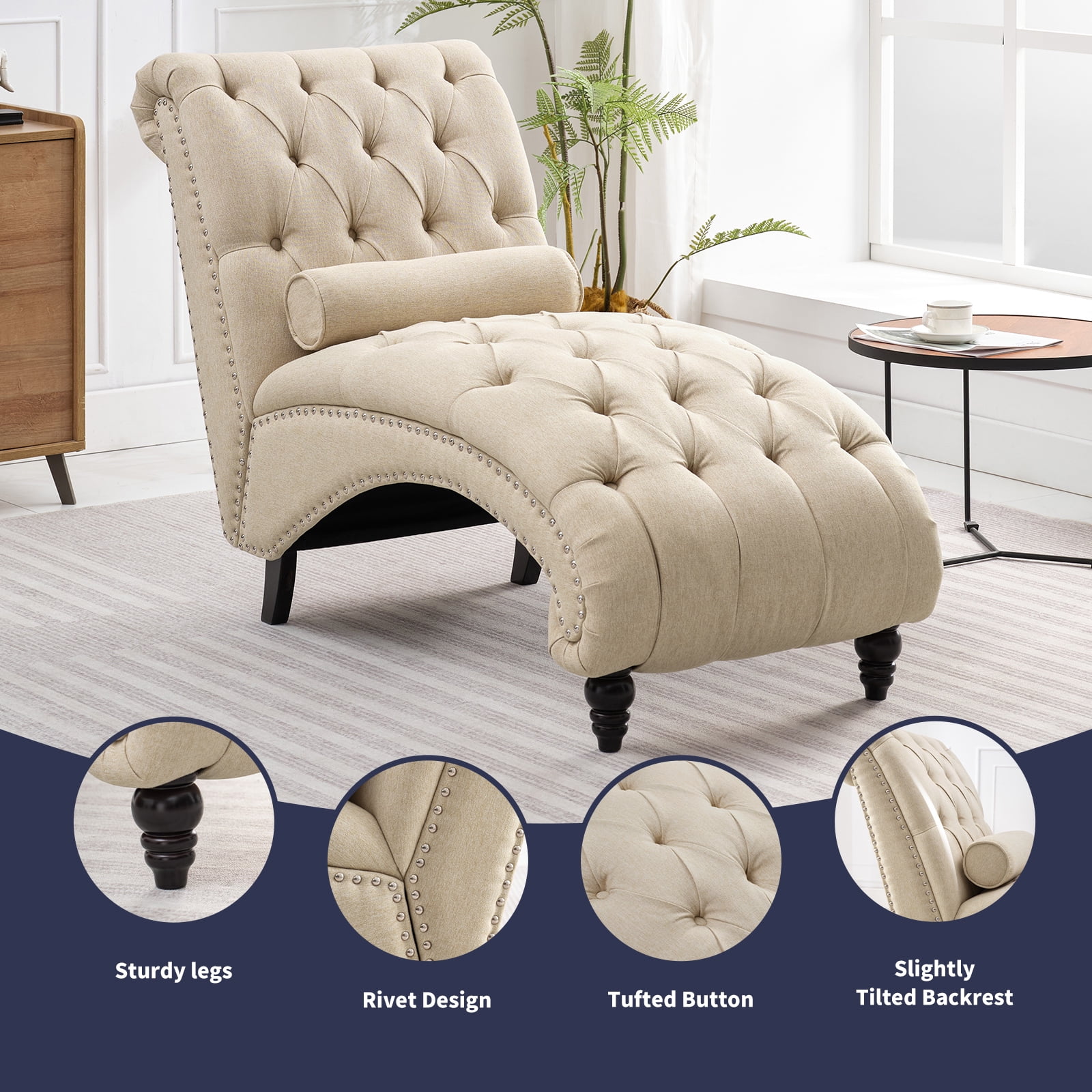 ZAFLY Chaise Lounge Indoor, Lounge Chair with Wood Legs, Leisure Accent Chair, Upholstered Lounge Couch for Bedrooom/Living Room, Beige
