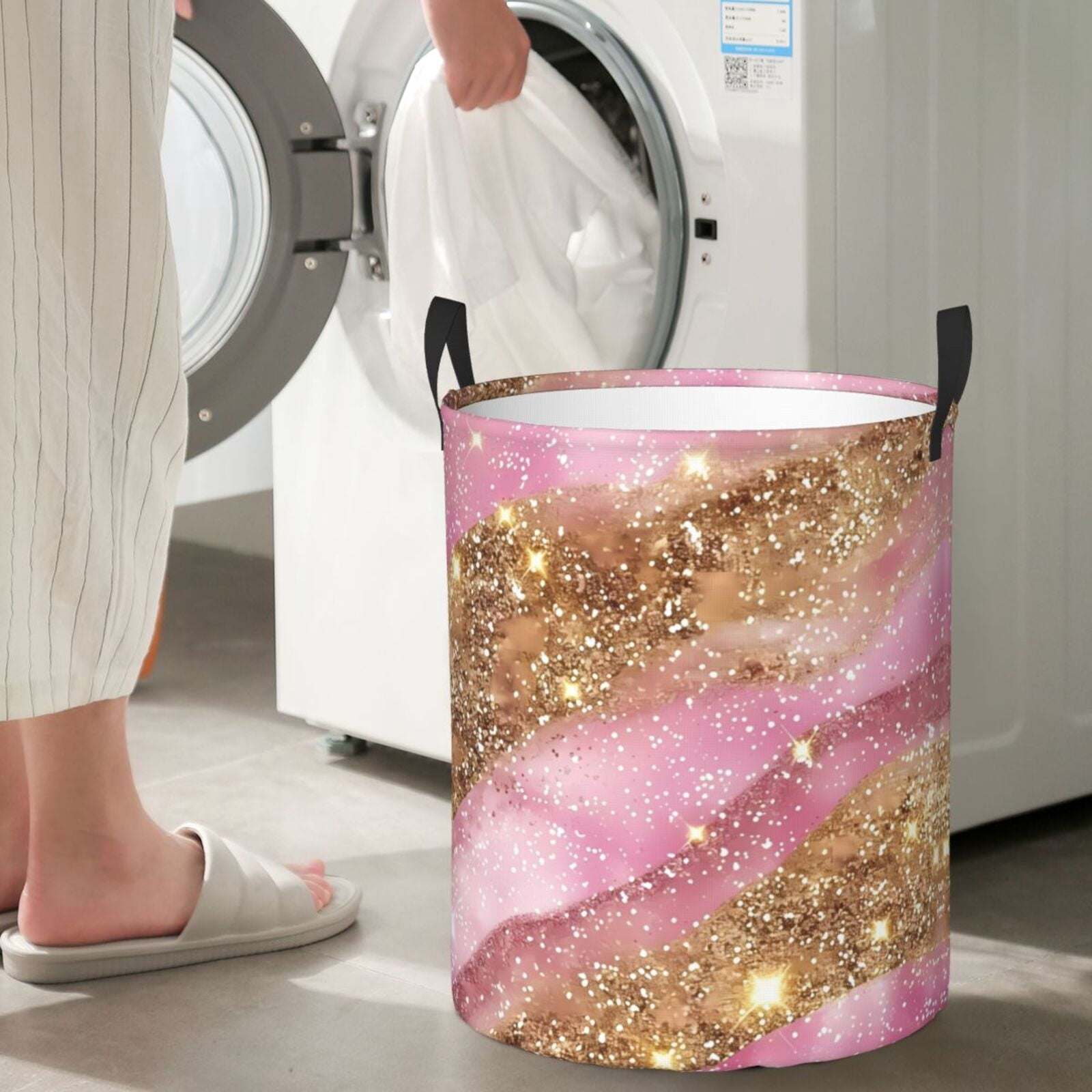 Large Laundry Basket with Handles - Pink and Gold Glam Glitter Kids Baby Dirty Clothes Laundry Hamper for Bedroom Aesthetic