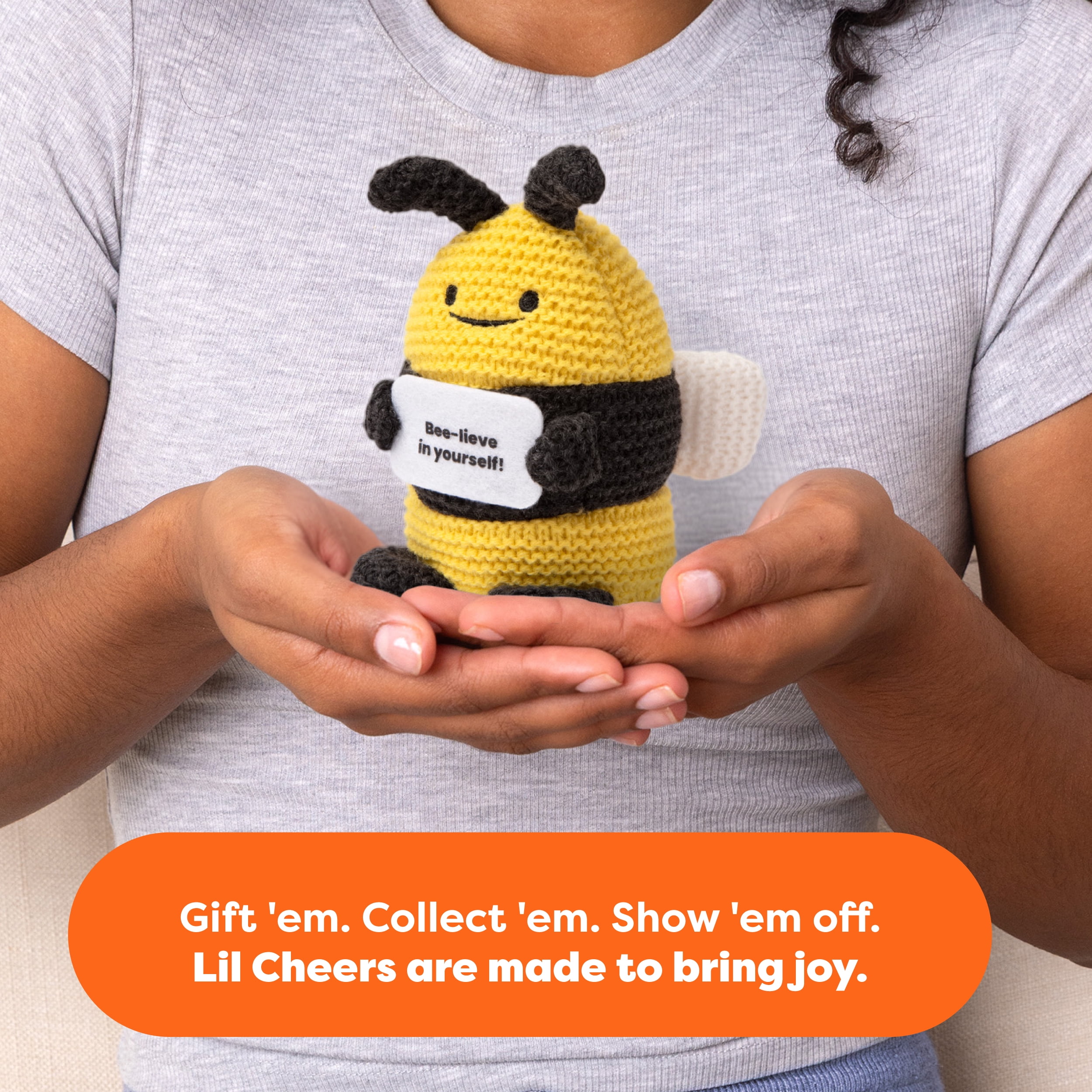 Lil Cheers Bee by What Do You Meme? Easter Gifts for Kids, Crochet Plush with Motivational Sign, Classroom & Office Desk Accessories