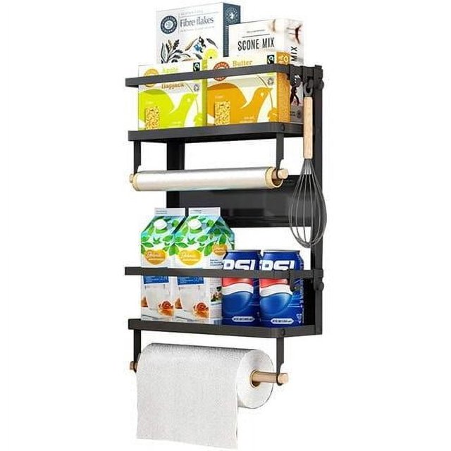 Refrigerator Organizer, Magnetic Spice Rack With Space Saver Double Layer Shelf For Easy Installation On Metal Surfaces, Super Load-bearing Spice Storage Solution For Kitchen, 30Cm Long, Black
