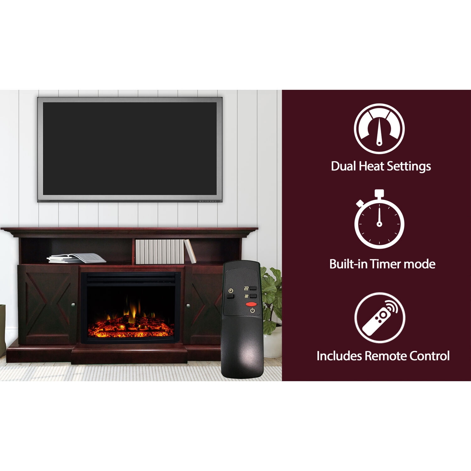 Cambridge 62-in. Summit Farmhouse Style Electric Fireplace Mantel with Deep Log Insert, Mahogany
