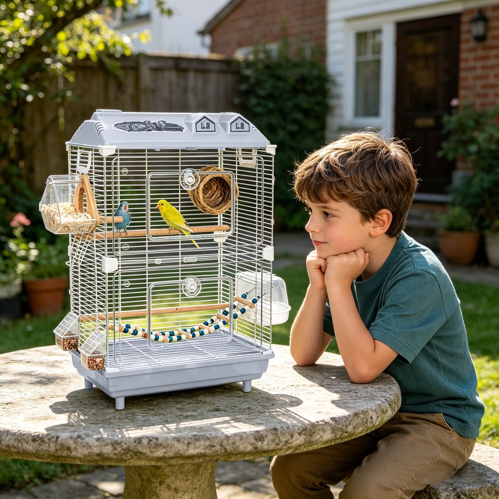 Large Wrought Iron Rolling Bird Cage with Detachable Stand Spacious Flight Aviary for Parakeets Finches Small Pet Birds | 18.50x11.81x30.31 in Grey