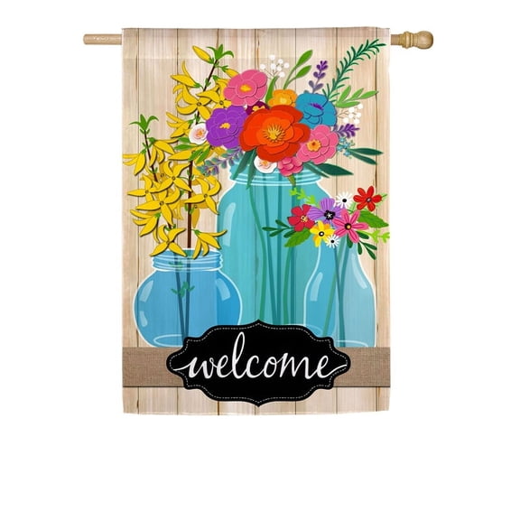 Evergreen Flag, Blue Glass Floral Welcome House Linen Flag, 44'' x 0.69'' inches