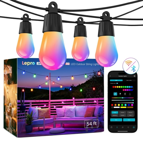 Lepro ZB1 AI Smart Outdoor String Lights ZB1, 54(42 12)ft RGB IC Warm White 15 LED Bulbs, Alexa Google Enabled, LightBeats Music Sync, AI Generated Lighting LLM, 2.4 GHz WiFi/Bluetooth