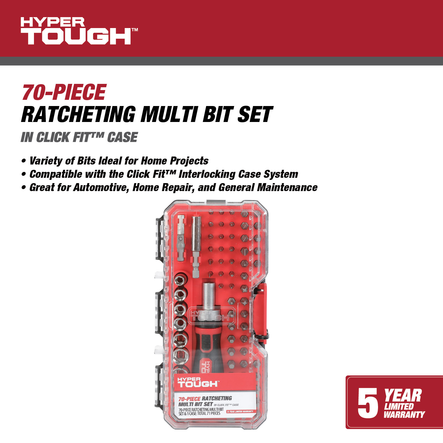 Juego de 70 piezas Hyper Tough con mango de trinquete, puntas y dados en estuche Click Fit 2