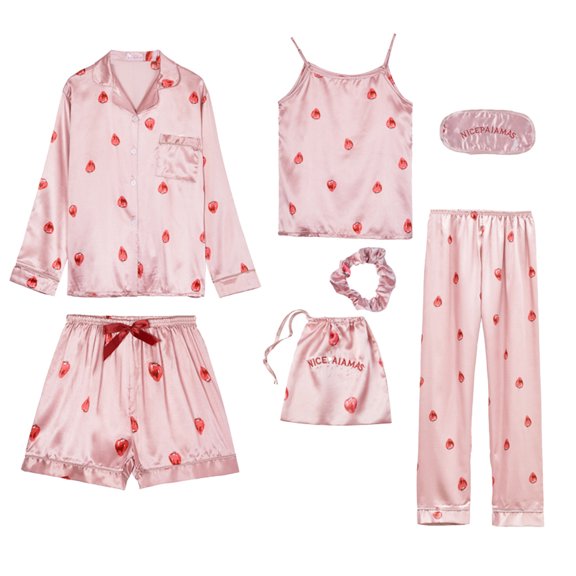 Womens Pajama Sets Strawberry Print Long Sleeve Hairband Eyeshade Shirt Pants Camisole With Shorts Six Piece Women Pajamas & Loungewear Homewear