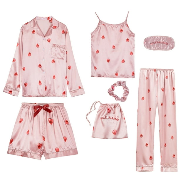 Camisón largo Gibobby Conjunto de siete piezas para mujer pijamas Rosa XL
