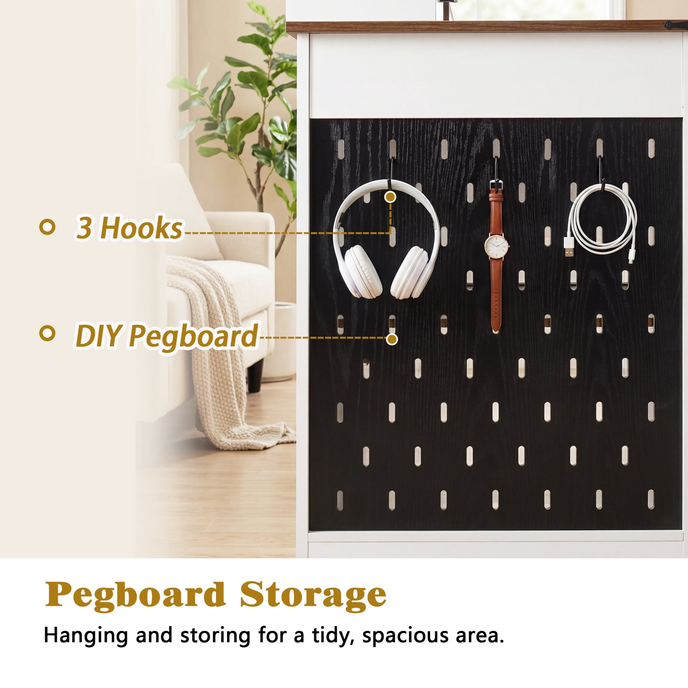 Noble House 55" Office Desk with Storage Cabinet, Charging Station and Keyboard Tray, White