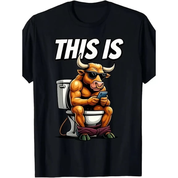 Funny Cartoon Bull on Toilet Graphic Vintage Grunge Y2k Cotton Men's Women's Unisex T-Shirt