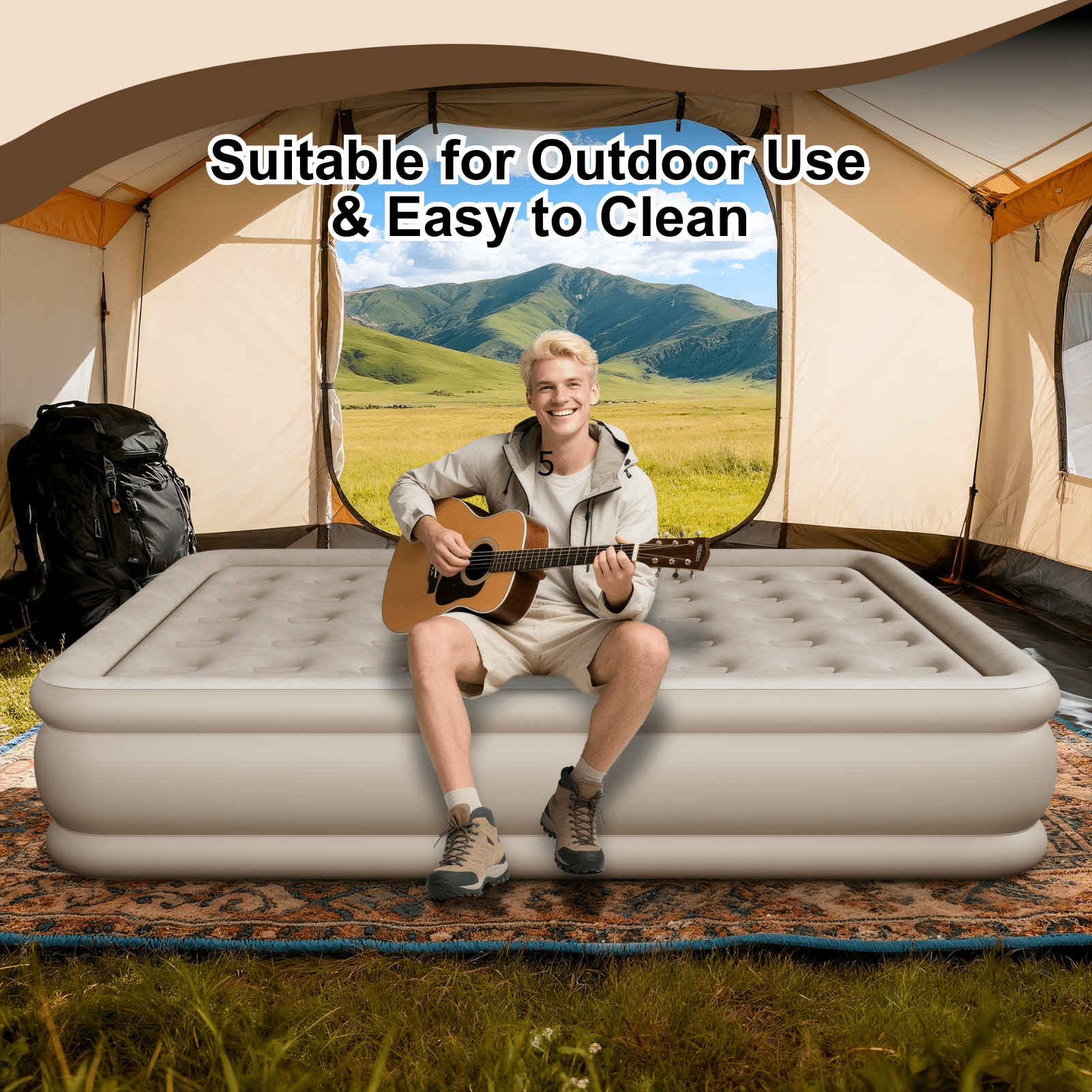 Full Air Mattress with Built-in Pump - 18" Extra Thick Inflatable Bed for Camping & Home,Khaki,3-Min Self Inflating with Carrying Bag.