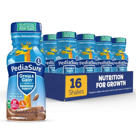 PediaSure Grow & Gain with Immune Support, 7g Protein, Chocolate, 8-fl-oz Bottle, Pack of 16