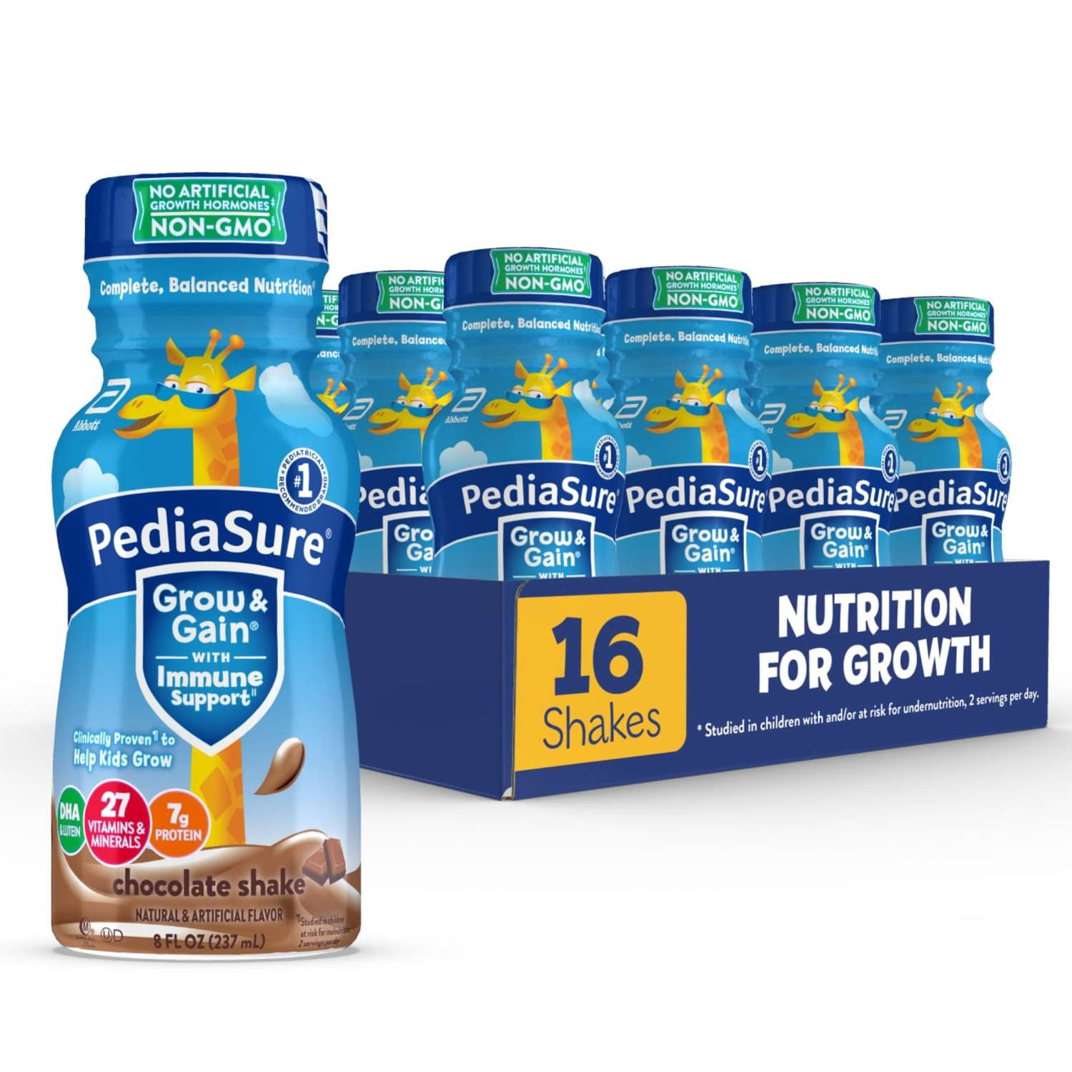 PediaSure Grow & Gain with Immune Support, 7g Protein, Chocolate, 8-fl-oz Bottle, Pack of 16