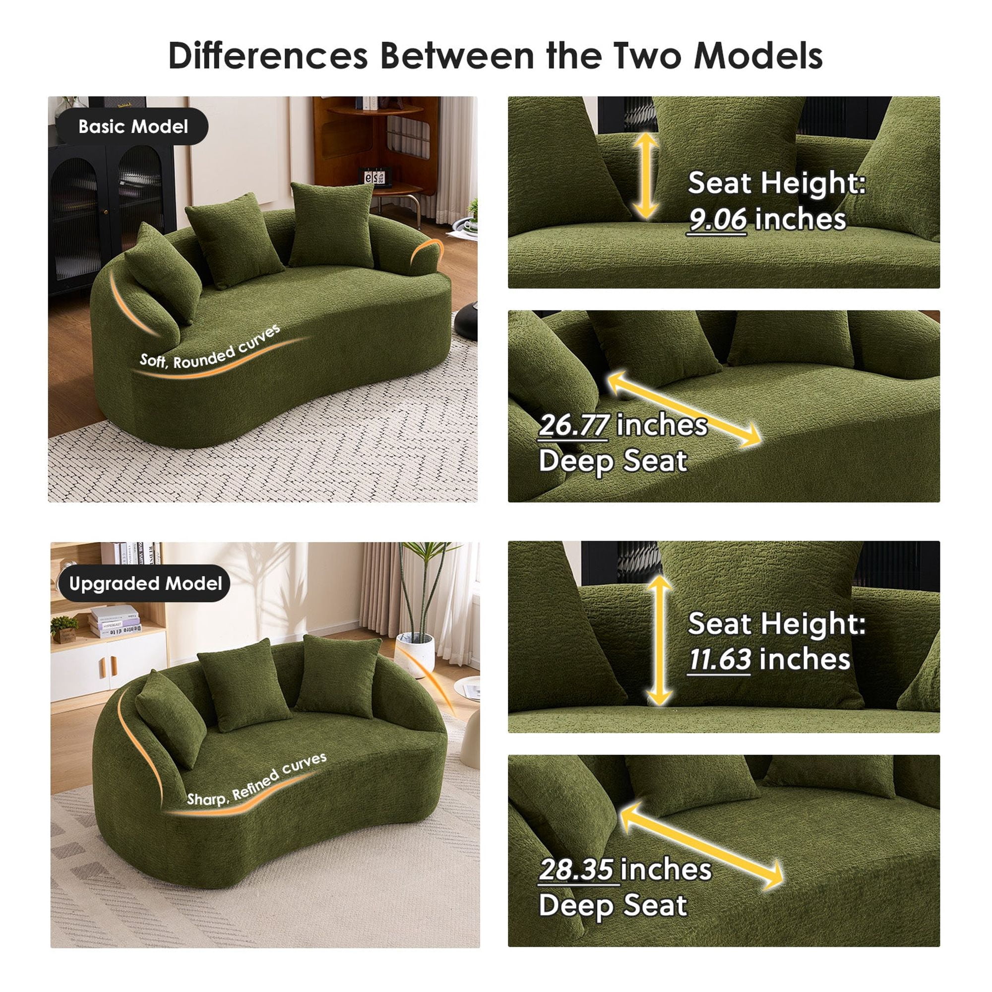 Sailvan Curved Modern Boneless 2-Seater Chenille Sofa Loveseat with 3 Pillows