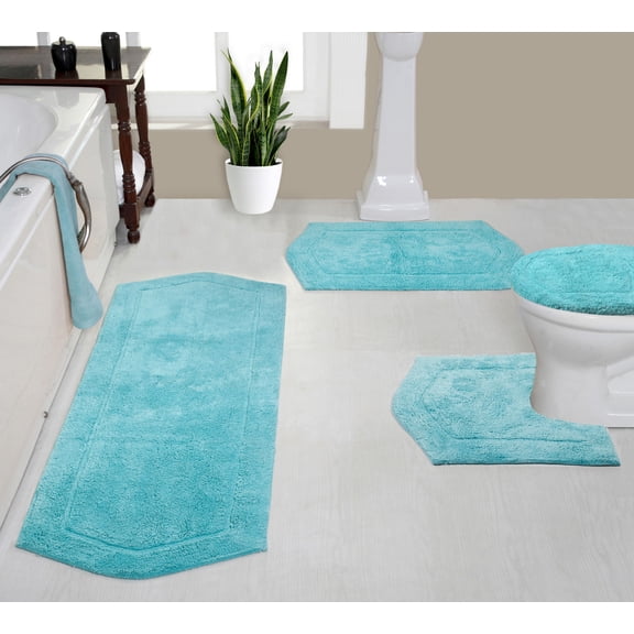 Home Weavers Waterford Collection 100% Cotton Non-Slip Bathroom Rug Set Machine Washable Toilet Lid Cover, U Shaped Contour, Bathroom Rug, Runner, Turquoise Color 4 Piece Bath Rug set