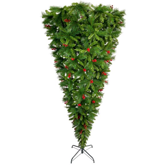 GO 7.4 ft Upside Down Green Christmas Tree Hinged Spruce Full Tree with Red Artificial Berries
