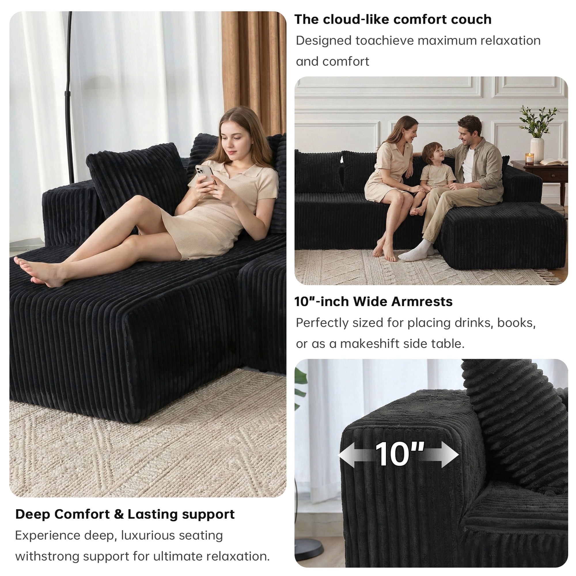 SOULART 130" Black U L-Shaped Modular Sectional Couch, U-Shaped Sofa with Chaise Lounge, Striped Corduroy Upholstered 4-Seater Sofa with Pillow Back and Square Arms