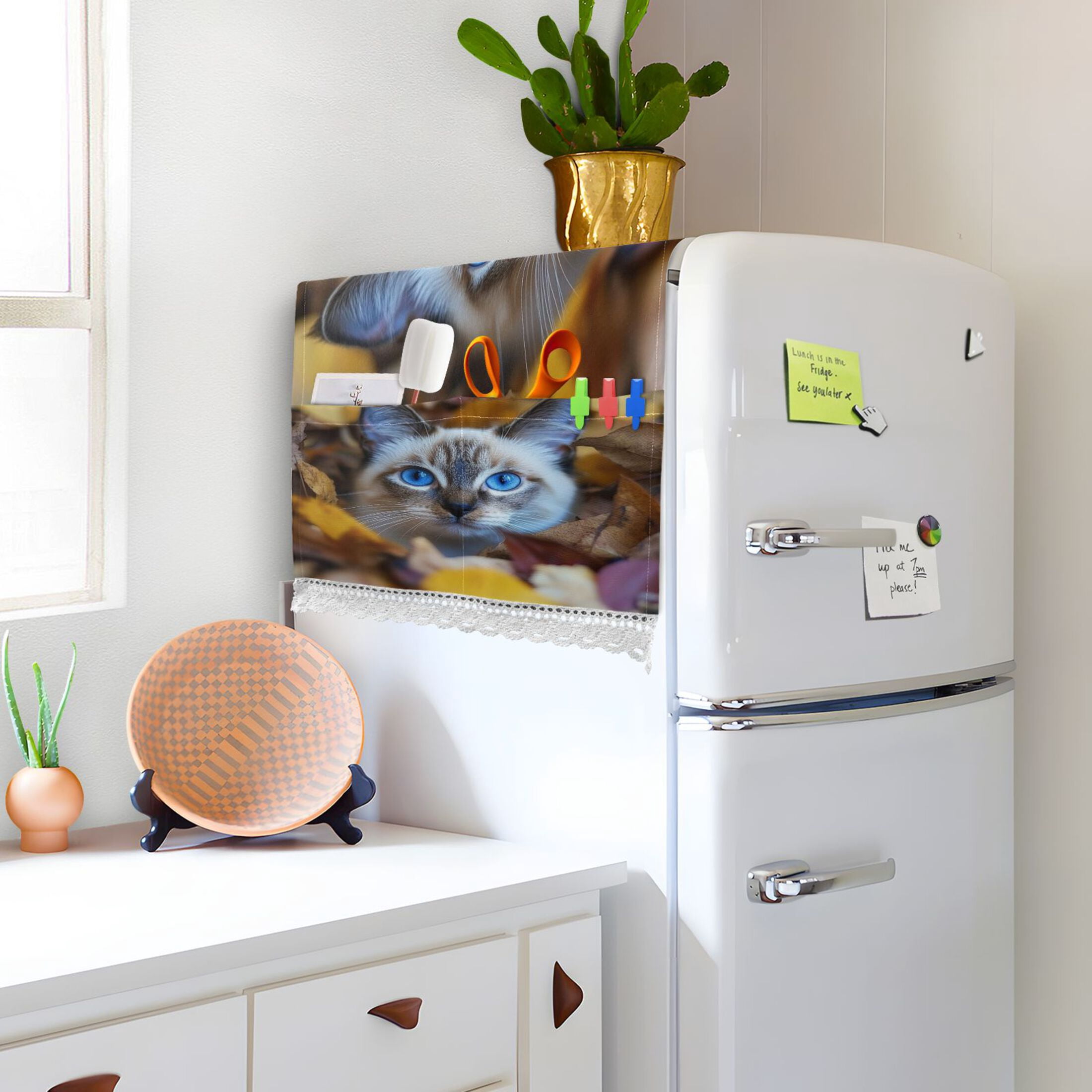 Blue Eyes CatWasher and Dryer Covers Dust-Proof and Oil Resistant Fridge Cover with 4 Storage Pockets Washing Machine Top Cover for Laundry Kitchen Home 51.2 x 22 In