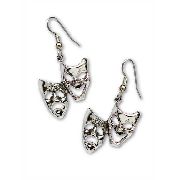Comedy Tragedy Masks for Drama Theater and Actors Silver Finish Pewter Dangle Earrings Real Metal #782
