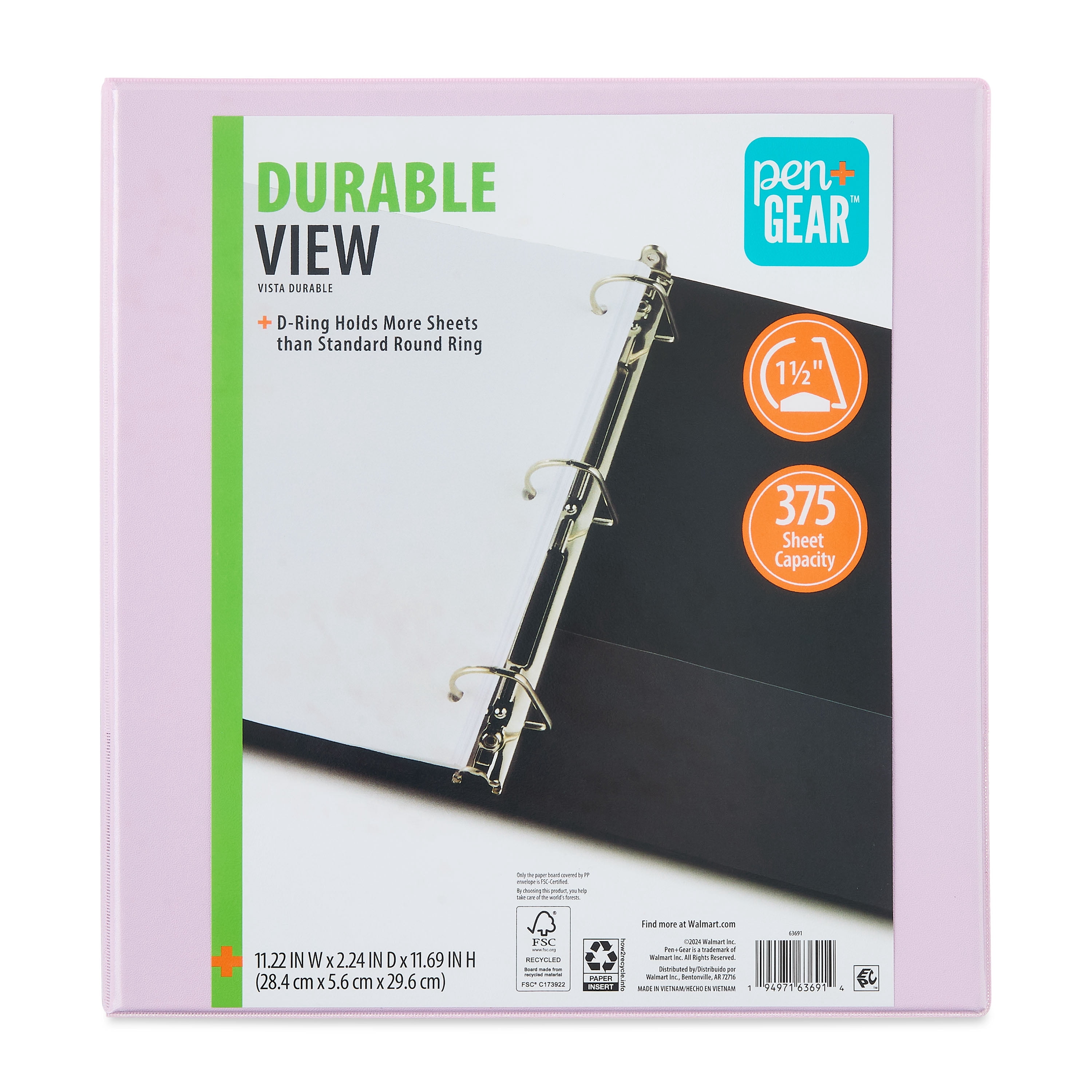 (2 pack) Pen+Gear Durable View 1.5-Inch Lilac D-Ring Binder with 375 Sheet Capacity
