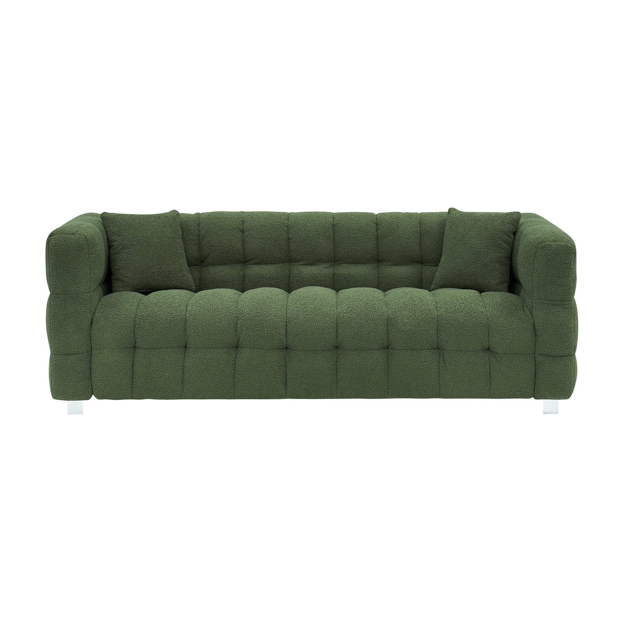 Aukfa 80" Modern Comfy Sofa, Deep Tufted Couch for Living Room, 2 Pillows, Teddy Fleece Green