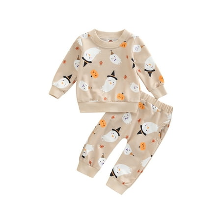 

Bagilaanoe 2Pcs Newborn Baby Boy Girl Halloween Outfits Ghost Pumpkin Print Long Sleeve Pullover Tops Trousers 6M 12M 18M 24M Infant Fall Long Pants Set