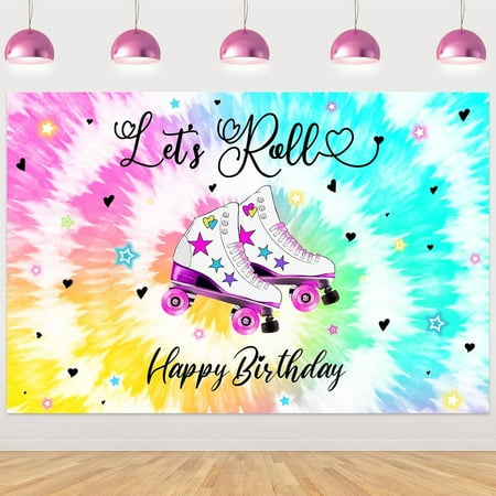 Let's Roll Happy Birthday Decoration Backdrop Tie Dye Skating Birthday Decoration Let's Roll Happy Birthday Backdrop Banner Rainbow Glow Party Decors for 80s 90s Birthday Roller Skating Party Supplies