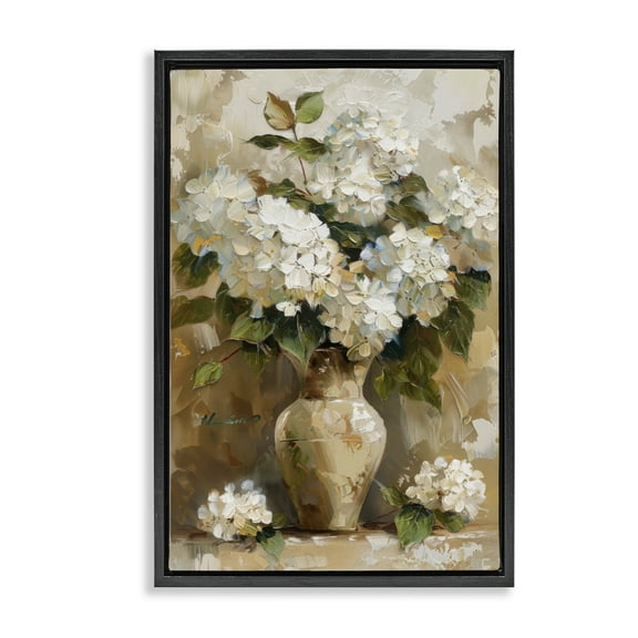 Stupell Industries Vintage White Hydrangeas Plants & Flowers Painting Black Floater Framed Canvas Art Print Wall Art, 17 x 25