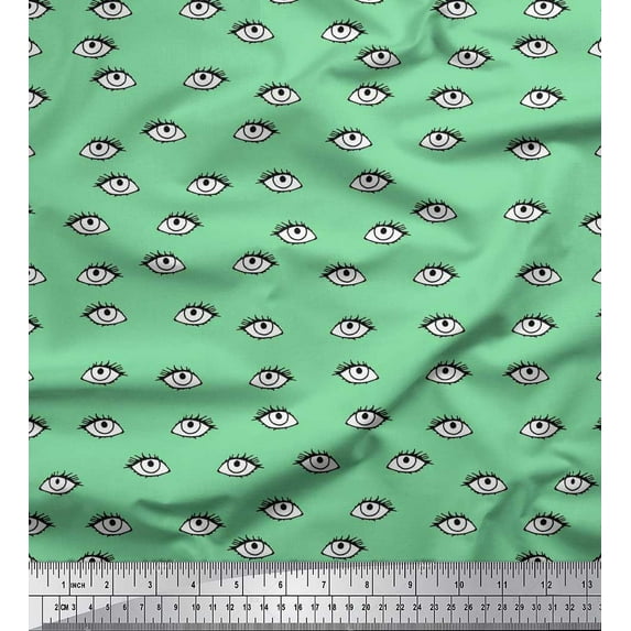 Soimoi Green Poly Georgette Fabric Eyes Face Decor Fabric Printed Yard 42 Inch Wide