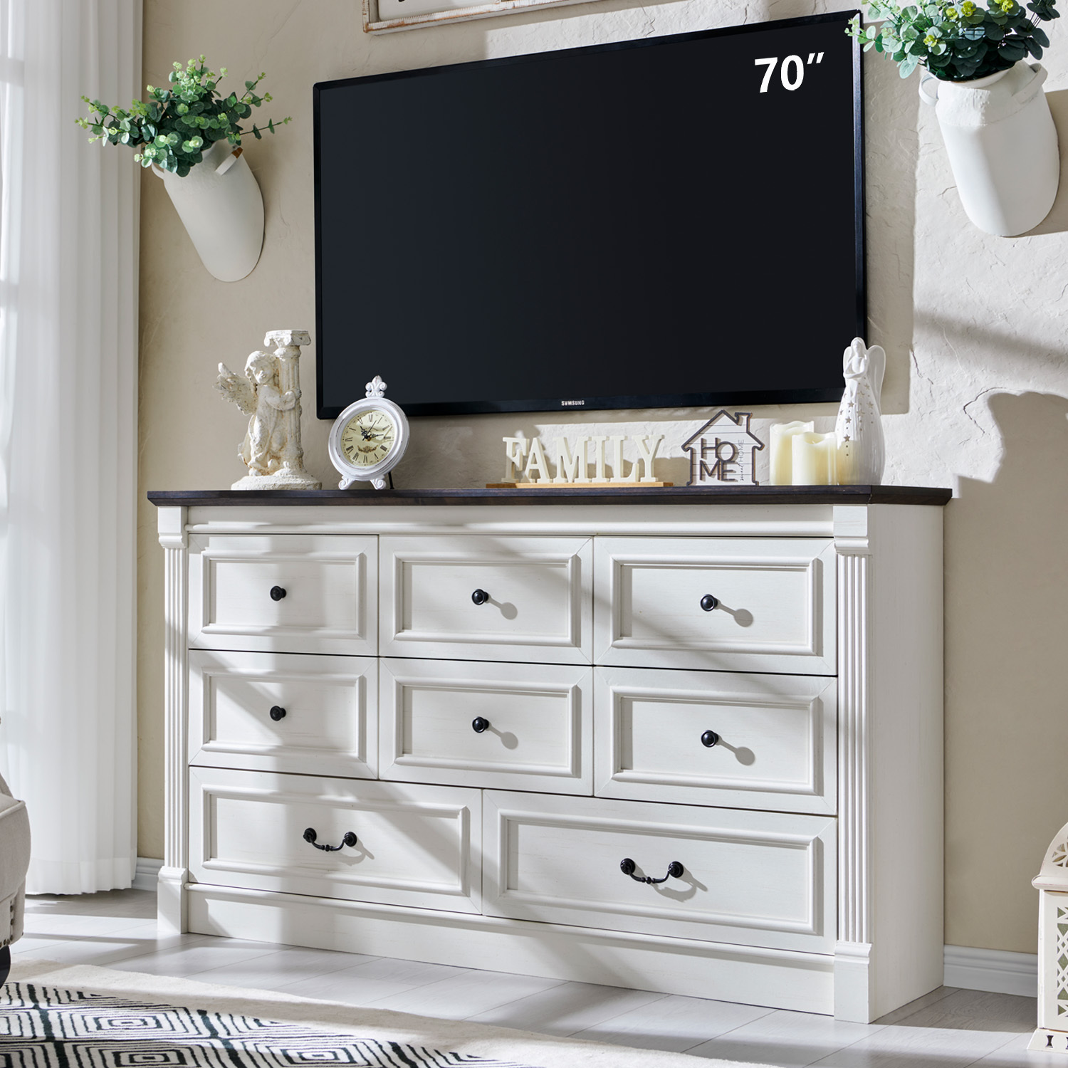 wow97e Farmhouse 8 Drawers Dresser for Bedroom, 61" Wide Wooden Chest of Drawers w/Roman Column, Storage Dressers for Bedroom, Living Room, White