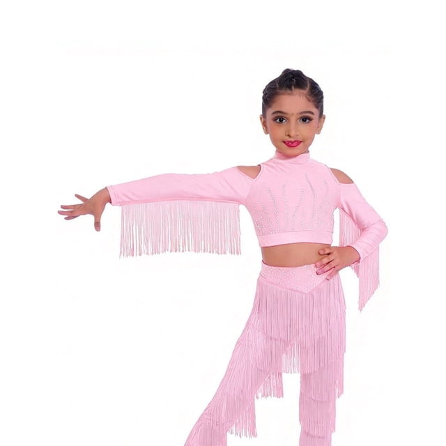 Runhomal Chemises de Danse Latine pour Filles Manches Longues Épaules Froides à Franges Crop Top de Performance de Danse Rose 16