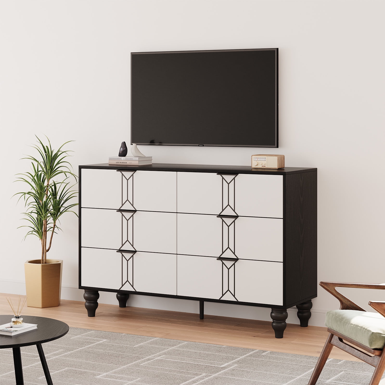 Homhougo Dresser for Bedroom 6 Drawer, Wood Organizer Storage Cabinet with Vintage Pattern Design, Chest of Drawers for Closet, Living Room, Hallway, Nursery, Kids Bedroom, Black+White