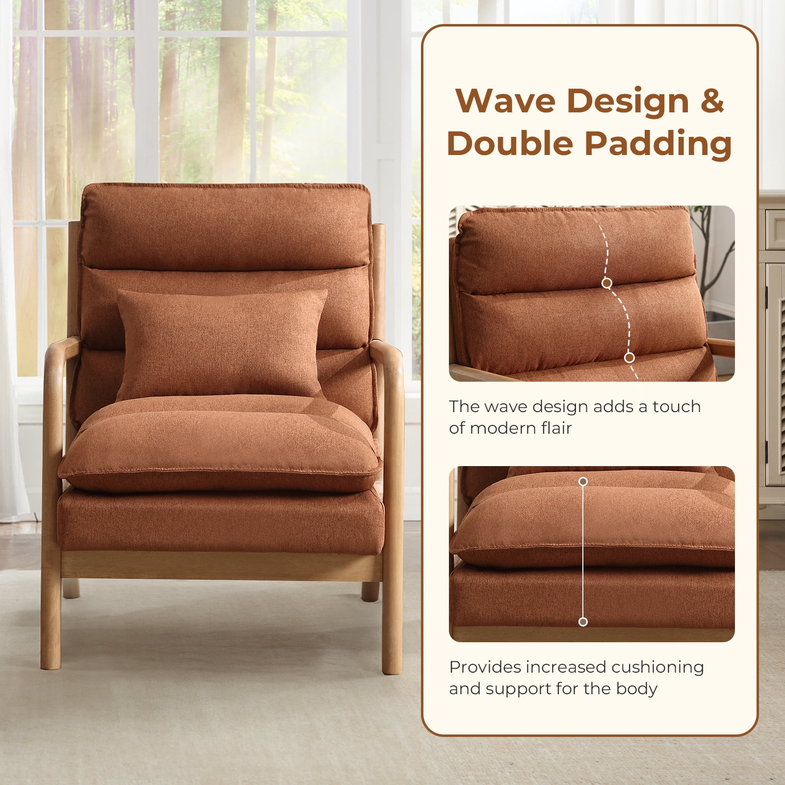 Ebello Mid Century Modern Accent Chair, Double-Padded Reading Armchair with Wood Frame & Lumbar Cushion for Living Room, Bedroom & Office, Brown