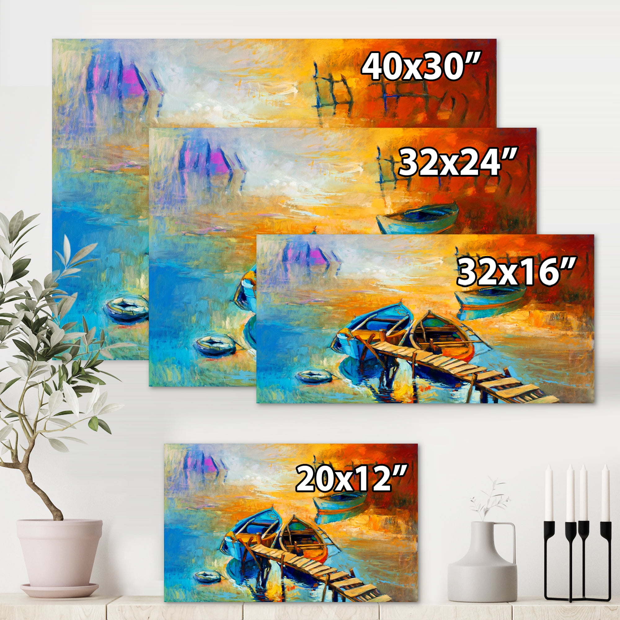 Boat At The Lake During Evening Glow V 12 in x 8 in Painting Canvas Art Print, by Designart